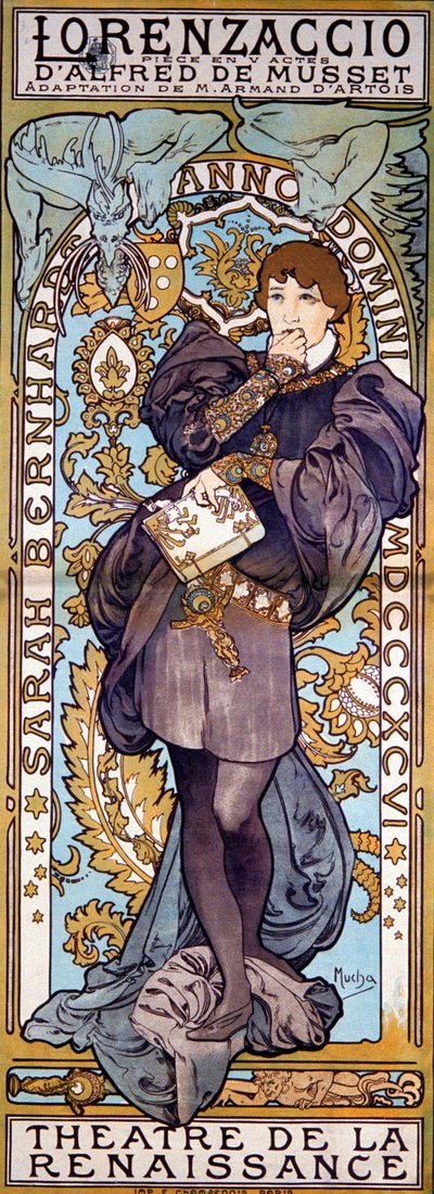 Poster for Lorenzaccio Alfred de Musset, with Sarah Bernhardt, Paris by Alphonse Mucha