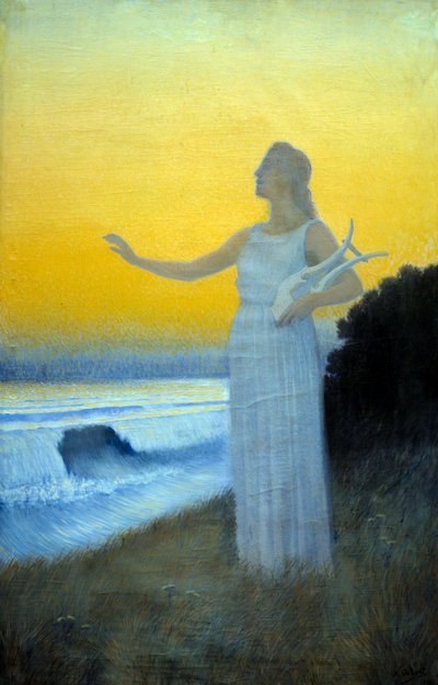 Anthem to the Sea: Young Woman Holding a Lyre Facing the Sea, Evoking the Greek Poetess Sappho by Alphonse Osbert