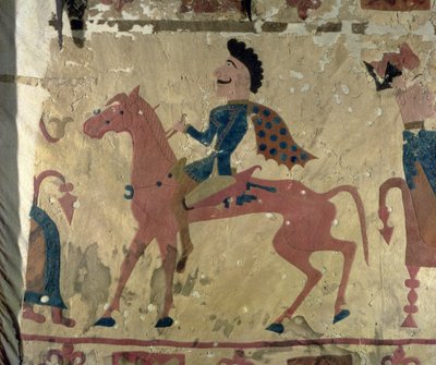 Carpet depicting a mounted warrior, from the Pazyryk Burial Mounds, 5th-4th century BC by Altaic School