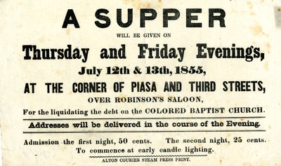Circular advertising a supper for benefit of the Colored Baptist Church, to be held over Robinson