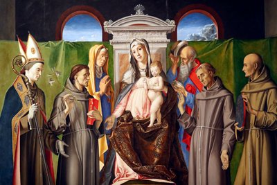 Madonna and Child Enthroned with Saints Louis of Toulouse, Anthony of Padua, Anne, Joachim, Francis, and Bernardino of Siena by Alvise Vivarini