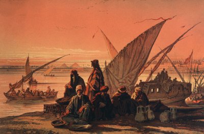 Boats on the Nile River, near the pyramids by Amadeo Preziosi