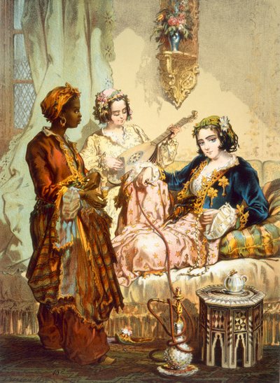 The Cup of Coffee: Two women taking coffee and smoking hubble-bubble, pub. 1865 by Amadeo Preziosi
