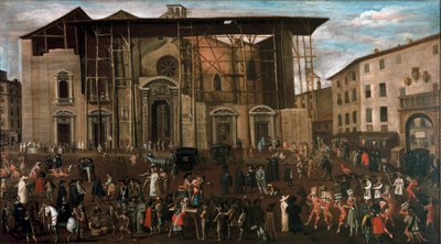 View of Mercanti square with carnival scenes by Amanzia Guerillot Inganni