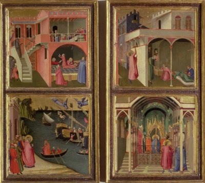 Four Scenes from the Life of St. Nicholas: St. Nicholas gives three girls their dowry; St. Nicholas elected Bishop of Mira; Resuscitating a boy strangled by the Devil; Freeing Mira from famine by Ambrogio Lorenzetti