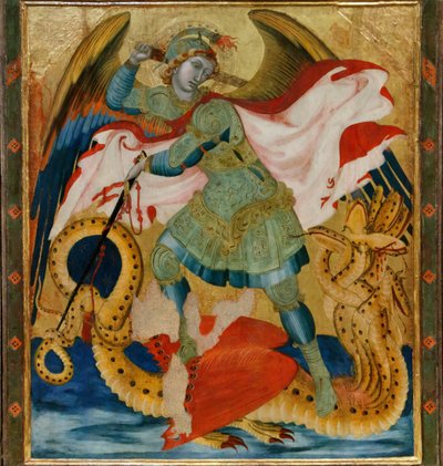 Saint Michael the Archangel slaying the dragon between Saints Benedict and Bartholomew by Ambrogio Lorenzetti