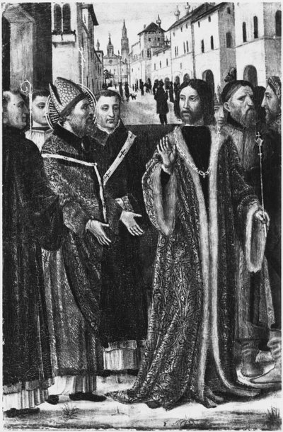 St. Ambrose refuses Roman Emperor Theodosius I the Great admission to the Church in Milan by Ambrogio da Fossano (c.1460 1523)