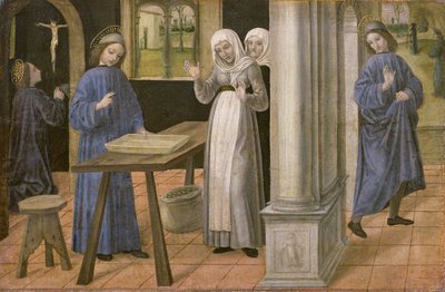 The Prayer, The Miracle of the Sieve and the Departure for Subiaco, predella panel from an altarpiece depicting Scenes from the Life of St. Benedict, 1488-95 by Ambrogio da Fossano