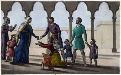 Batilde (or Bathilde, wife of Clovis II) abolishes an expensive tribute that the Gauls paid per head, small and large. - Chelles Abbey. Designed and engraved by Ambroise Tardieu in 1825 by Ambroise Tardieu
