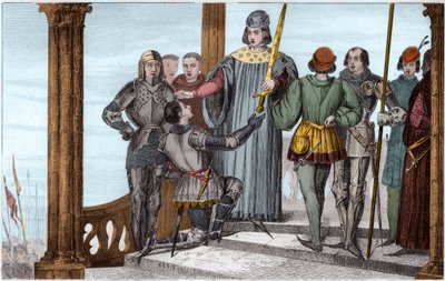 Charles V (1358-80) the Wise presents his sword to Duguesdin - Charles V the Wise (1338-1380) solemnly presents the sword of constable Bertrand du Guesclin (1320-1380) - Engraving 1825 in 