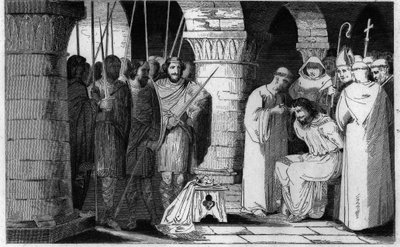 Childeric III (714-751) is dethroned and confined to a monastery - Childeric III dethroned and enclosed by Pepin le Brit in a monastery in Saint Omer between 742-749 - Engraving of 1825 in 