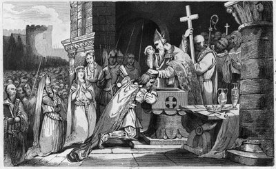 Clovis I Baptised with Men from his Army before the Battle of Tolbiac - Baptism of Clovis 1st, 25th December 496 - Engraving 1825 in 