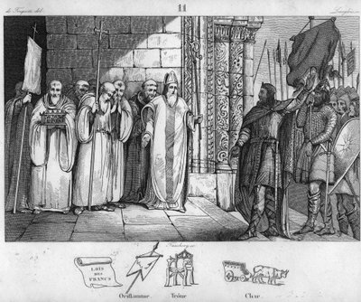 Dagobert 603 to 639 taking down the banner at St Denis - Dagobert I, king of the Francs, having created the abbey of Saint-Denis, has the oriflame deposited there around 634 - Engraving of 1825 in 