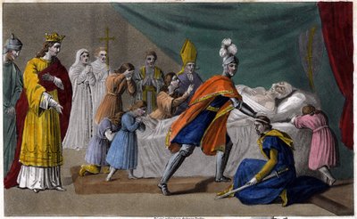Death of Pepin of Herstal (635-714) surrounded by his family - Death of Pepin de Herstal (grandfather of Pepin the Short), surrounded by his family and in the presence of Dagobert III (714) - Drawn and engraved by Ambroise Tardieu in 1825 by Ambroise Tardieu