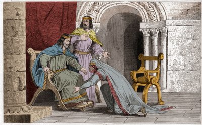 Emme kisses the knee of her husband Raoul in recognition of his sovereignty - Emma of France kissing the knees of her husband Raoul whom she chose as king during the captivity of Charles III the Simple - Engraving of 1825 by Ambroise Tardieu