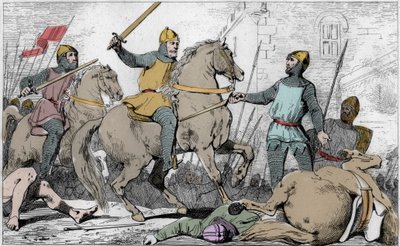 Hugh Capet (941-996) captures Charles de Lorraine in 988 - End of the Carolingian dynasty, 988: arrest of Charles (953-991), Duke of Basse Lorraine, by Hugues Capet and his army - Engraving of 1825 in 