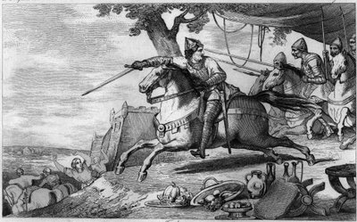 Lothair (941-986) leads his army into battle (Aachen) - Lothair (941-986), Dynasty of the Merovingians - He fought against the Germanic Emperor Otto I and the attack by surprise in Aachen - Engraving of 1825 in 