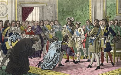 Louis XIV (1638-1715), surrounded by his family and the most important figures of the Court, presents his grandson Philip V to the envoys of Spain as their new king in 1700 - Designed and engraved by Ambroise Tardieu in 1825 by Ambroise Tardieu