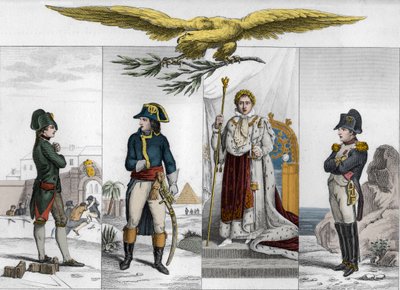 Napoleon Bonaparte (1769-1821) at four stages in his life - Napoleon Bonaparte (1769-1821) at different times of his life - Engraving de 1825 in Histoire de France represented by synoptic paintings dedicated to the children of France and used for their edu by Ambroise Tardieu