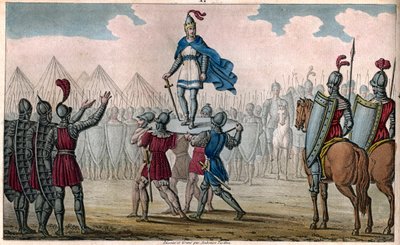 Pharamond I (c. 370-427), King of the Franks. Raised up on a shield by his people who have elected him king - Pharamond, recognized by the Franks-Salians and the Gauls united in one people, is raised on a shield and walks around the camp in triumph - Legen by Ambroise Tardieu