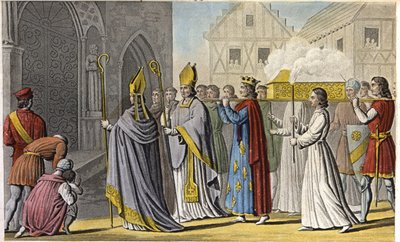 Philip III made a solemn service to Notre-Dame and carried the coffin on foot to Saint-Denis which contained the chief and bones of Saint-Louis, the flesh and bowels having been placed in a tomb near Palermo in Sicily - Reign of Philip III of France by Ambroise Tardieu