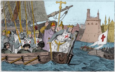 Seventh Crusade: King Saint Louis and the Crusaders besieging Damiette in June 1249 in Lower Egypt - Seventh Crusade to the Holy Land 1248-50 - Saint Louis IX leads his troops in battle - Engraving of 1825 in 