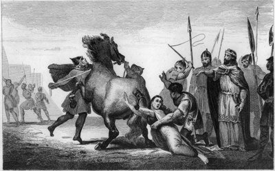 The death of queen Brunhilda of Austrasia, a Visigothic princess, married to king Sigebert I of Austrasia - torture by Brunehaut: Brunehaut or Brunehilde (543-613), prisoner of Clotaire II, is attached to the tail of a fiery horse in 613 - Engraving by Ambroise Tardieu