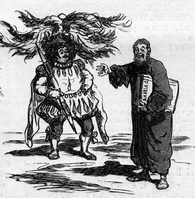 Joy of Rabelais seeing Gustave Dore fully identifies with the men of his writing. Cartoon of Cham. Engraving in Le Monde Illustré n°821 of January 4 by Amédée de Noé