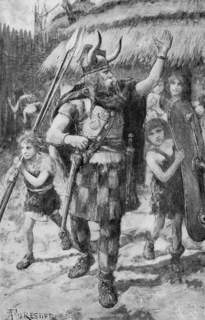 The Celtic inhabitants of a village in Britain set out to drive off the invading Teutons by Amedee (after) Forestier
