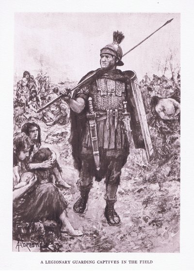 A Legionary Guarding Captives in a Field (illustration from The Roman Soldier) by Amedee Forestier