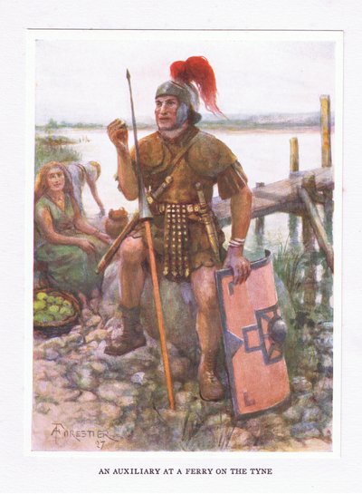 An Auxiliary at a Ferry on the Tyne (illustration from The Roman Soldier) by Amedee Forestier