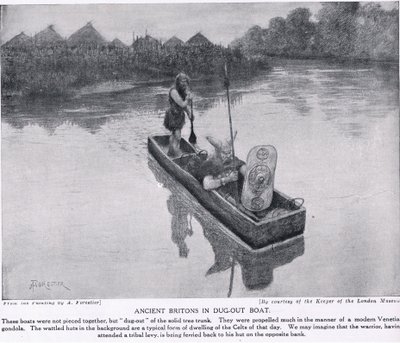 Ancient Britons in dug-out boat, illustration from 