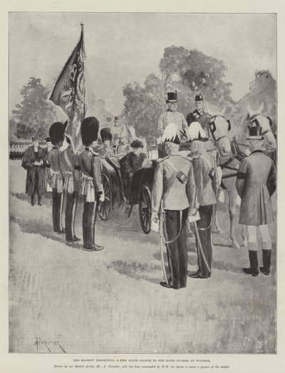 Her Majesty presenting a New State Colour to the Scots Guards at Windsor by Amedee Forestier