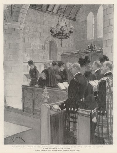 King Edward VII at Balmoral, His Majesty and Queen Alexandra attending Divine Service at Crathie Parish Church on the Morning of Sunday, 6 October by Amedee Forestier