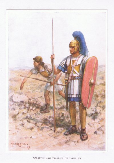 Rorarius and Triarius at Camillus (illustration from The Roman Soldier) by Amedee Forestier