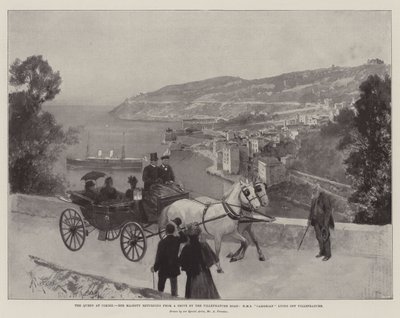 The Queen at Cimiez, Her Majesty returning from a Drive by the Villefranche Road, HMS Cambrian lying off Villefranche by Amedee Forestier