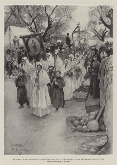 The Queen at Cimiez, Her Majesty Witnessing the Departure of the Red Penitents at the Fete des Cougourdons, Cimiez by Amedee Forestier