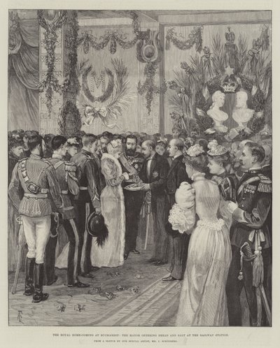 The Royal Home-Coming at Bucharest, the Mayor Offering Bread and Salt at the Railway Station by Amedee Forestier
