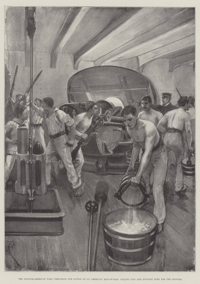 The Spanish-American War, preparing for Action on an American Man-of-War, filling Gun and Division Tubs for the Sponges by Amedee Forestier