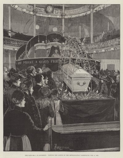 The Late Mr C H Spurgeon, Viewing the Coffin in the Metropolitan Tabernacle by Amedee Forestier