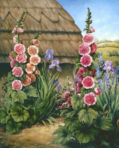 Cottage Garden with Hollyhocks, 1995 by Amelia Kleiser