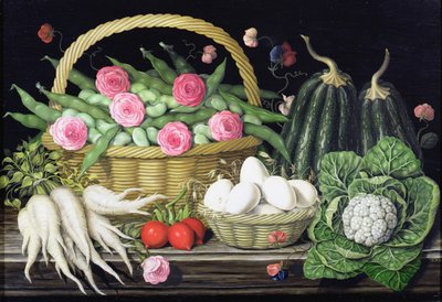 Eggs, broad beans and roses in basket, 1995 by Amelia Kleiser