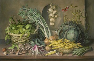 Garlic and Radishes and a Peacock Butterfly by Amelia Kleiser