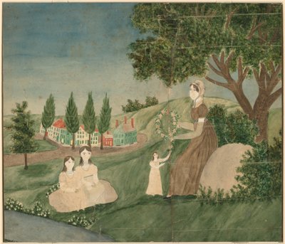 Mother and Three Children Making a Floral Wreath by American 19th Century