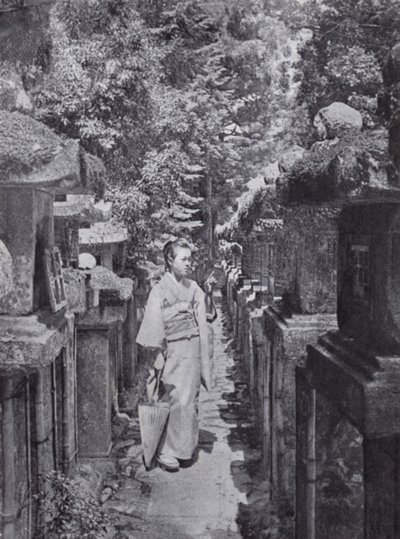 A Fair Devotee Counting the Stone Lanterns at Kasuga by American Photographer (after)