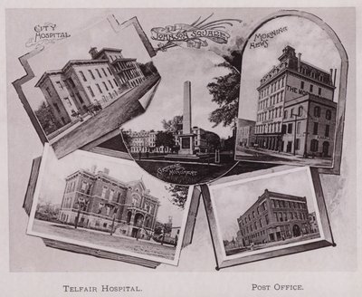 City Hospital; Johnson Square; Greene Monument; Morning News, Telfair Hospital, Post Office by American Photographer (after)