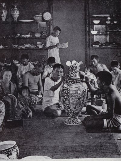 Porcelain decorators at work, in the noted Kinkosan Works at Awata, Kioto by American Photographer (after)