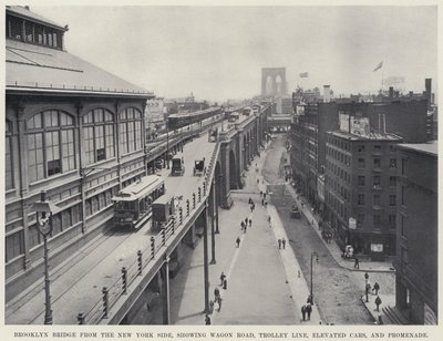 Brooklyn Bridge from the New York Side, showing Wagon Road, Trolley Line, Elevated Cars, and Promenade by American Photographer