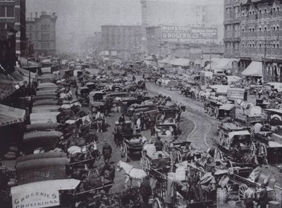 Haymarket Square packed with horse-drawn carriages, Chicago by American Photographer