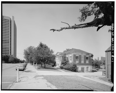 In context, from south facing north, along Luckie Street. - Clark Howell Homes, Anne Wallace Branch Carnegie Library, 538 Luckie Street, Atlanta, Fulton County, GA by American Photographer